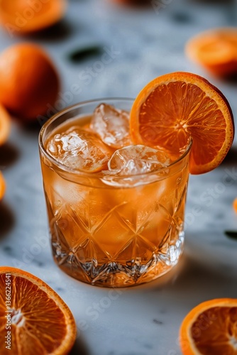 Refreshing Cocktail Garnished With Orange Slices on a Marble Countertop