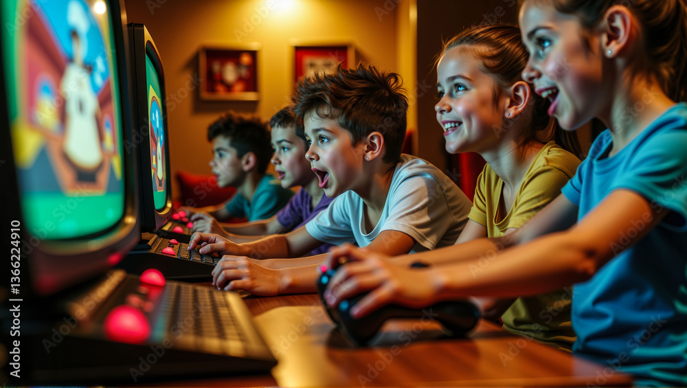 Obraz premium A group of children playing video games together. Scene is fun and playful. The children are all smiling and enjoying themselves as they play the games