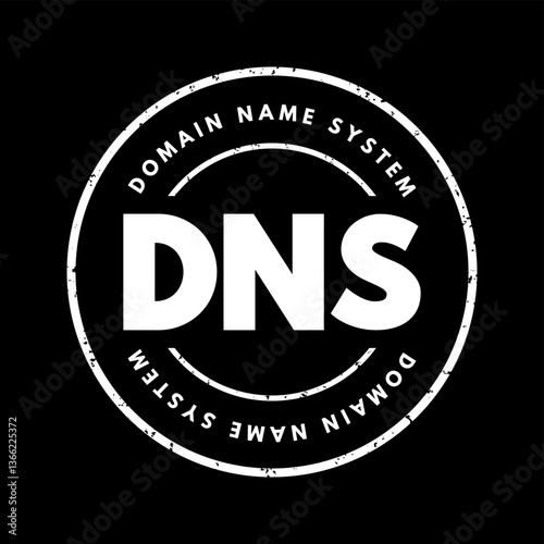 DNS Domain Name System - hierarchical naming system built on a distributed database for computers, services, or any resource connected to the Internet, acronym text stamp concept
