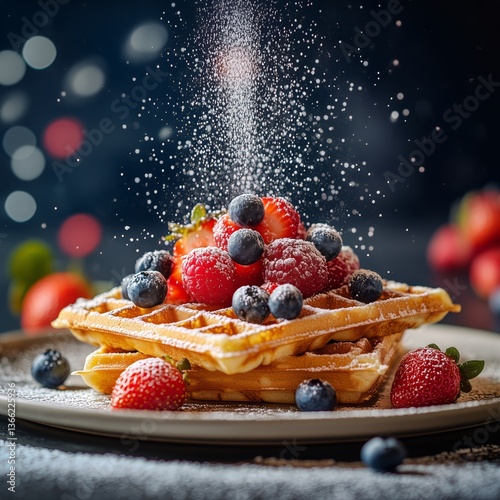 Delicious Stack of Waffles Topped With Fresh Berries and Powdered Sugar Serve...