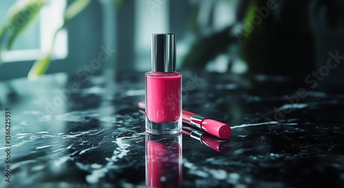 Vibrant Pink Nail Polish Beside a Brush on a Dark Marble Surface