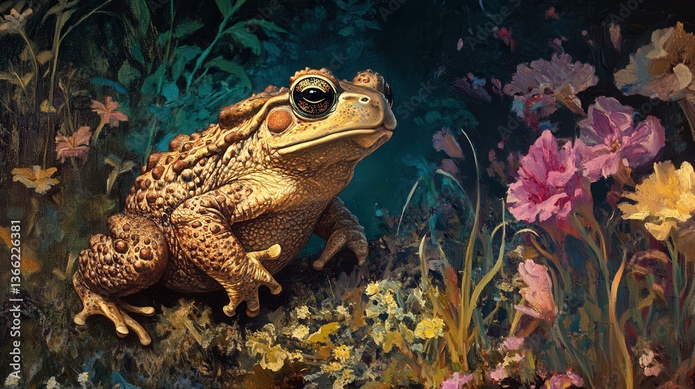 Obraz premium A large toad sitting amongst colorful painted flowers and foliage