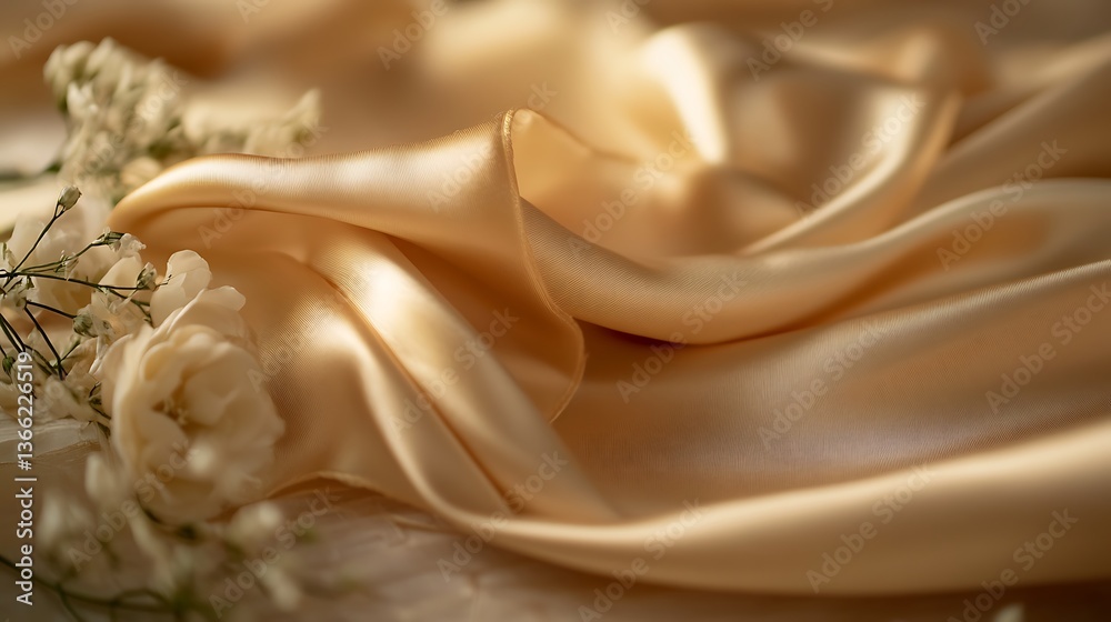 Elegant golden silk fabric with soft floral accents creating a luxurious texture and gentle light, perfect for sophisticated designs.