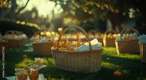 Gathering of Baskets Filled With Oranges and Beverages During Golden Hour in ...