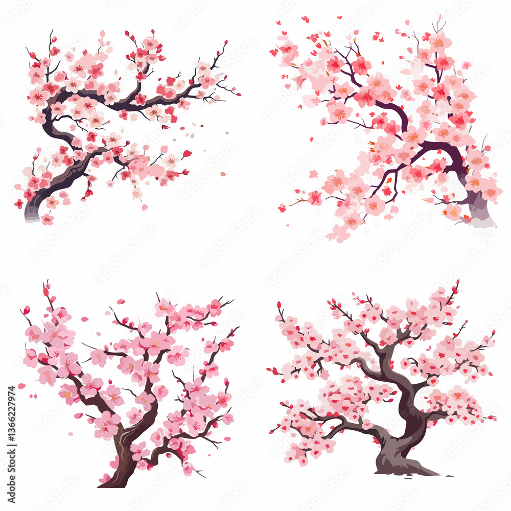 Fototapeta premium Four different branches of cherry blossoms are shown in various stages of bloom