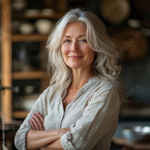 Portrait of smiling middle aged woman staying in the kitchen at home, single mature senior in living room