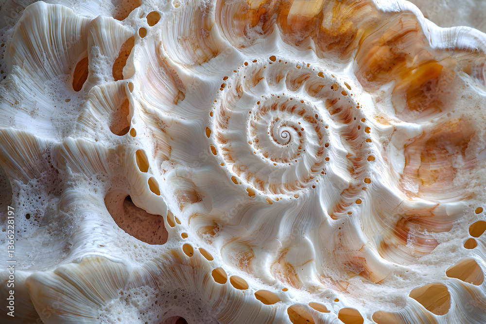 Intricate spiral design of a seashell arranged beautifully with natural light providing texture and detail Intricate spiral design of a seashell arranged beautifully with natural light providing texture and detail