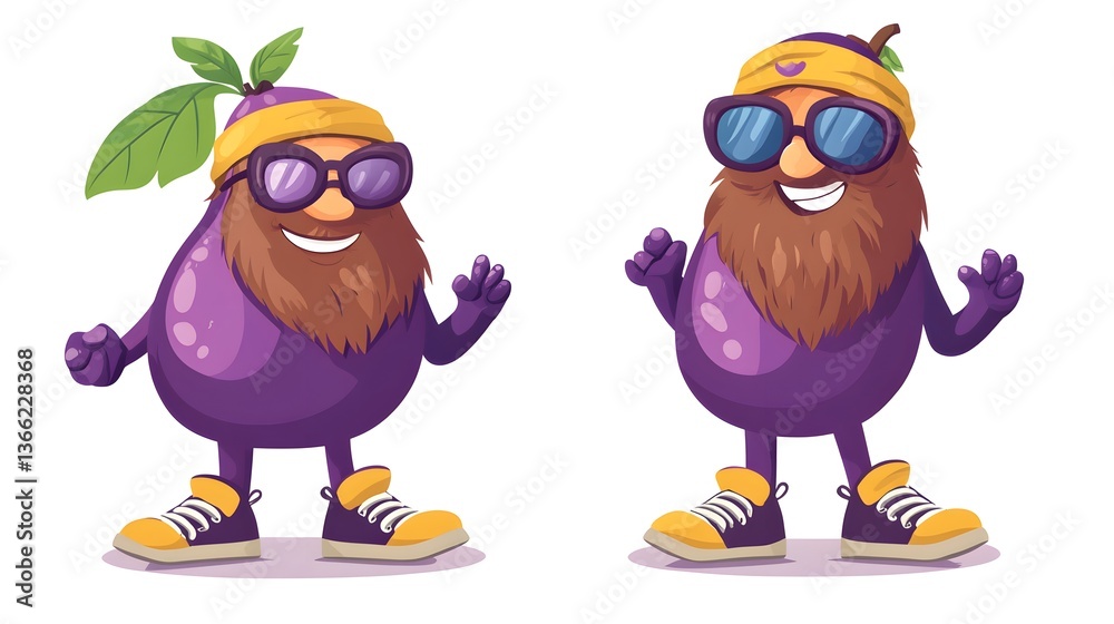 Obraz premium Colorful Cartoon Plum Fruit Superhero Character in Groovy Style for Design Projects