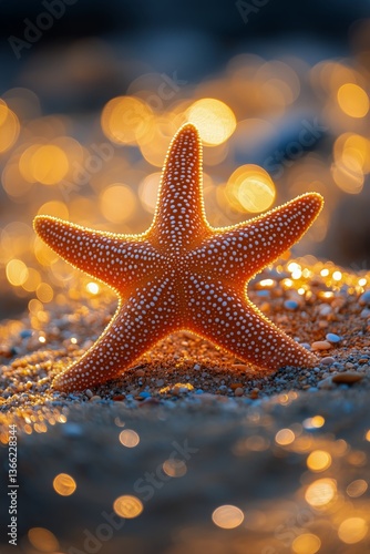 Starfish Resting on Sandy Beach With Glowing Bokeh Background During Sunset