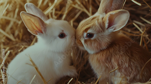 Two rabbits are cuddling in a hay bed