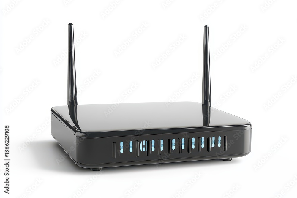 Modern wireless router with antennas, glowing indicators, set against a minimalist white background Modern wireless router with antennas, glowing indicators, set against a minimalist white background