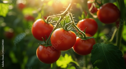 Ripe Tomatoes Hanging on Vines in a Sunlit Garden During Summer