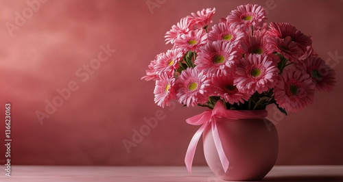 Beautiful Pink Gerbera Daisies in a Glass Vase on a Soft Pastel Background