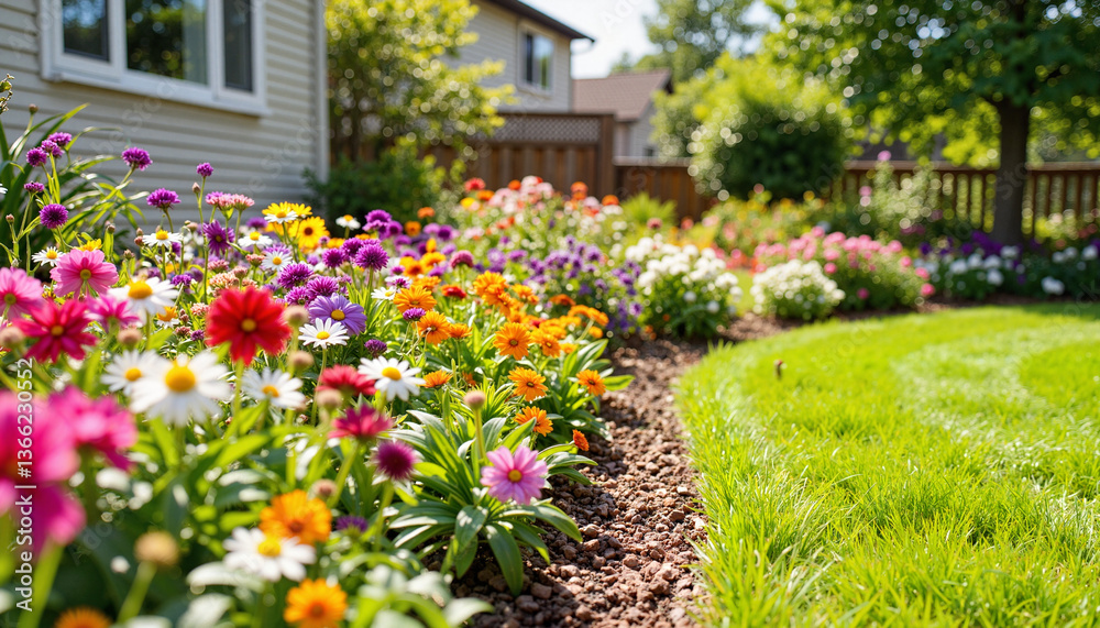 Fototapeta premium Vibrant flowers blooming in colorful backyard garden, nature's beauty