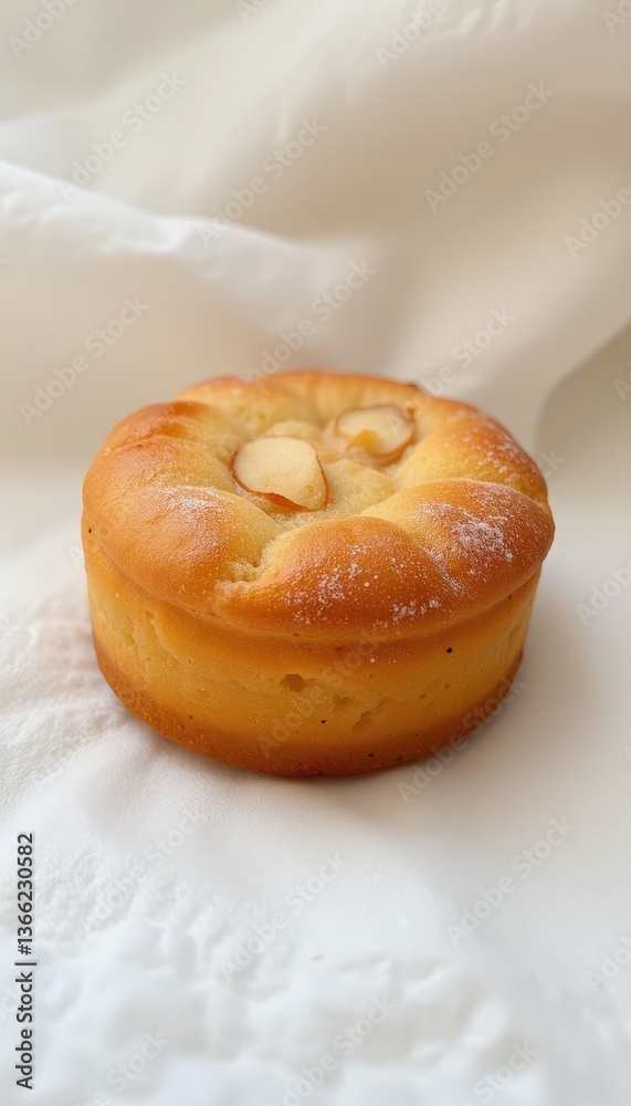 Delicious almond cake on soft white fabric background Delicious almond cake on soft white fabric background