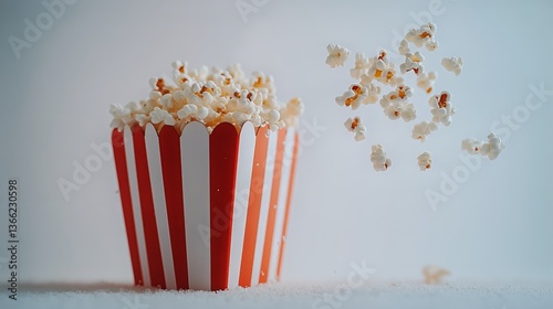 Popcorn Splashes From Striped Bucket on a Bright Background Creating a Playfu...