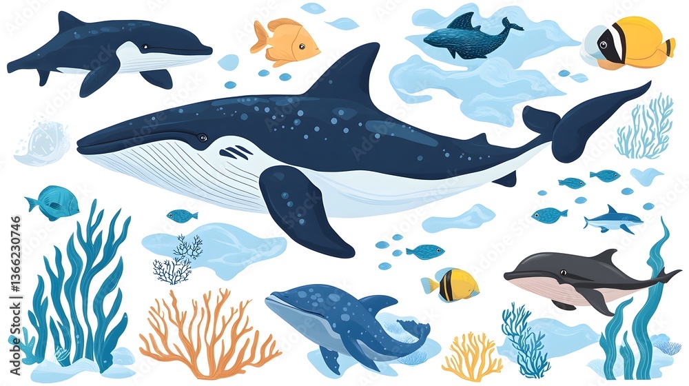 Fototapeta premium Colorful Cartoon Underwater Animal Stickers for Kids' Art Projects and Scrapbooking