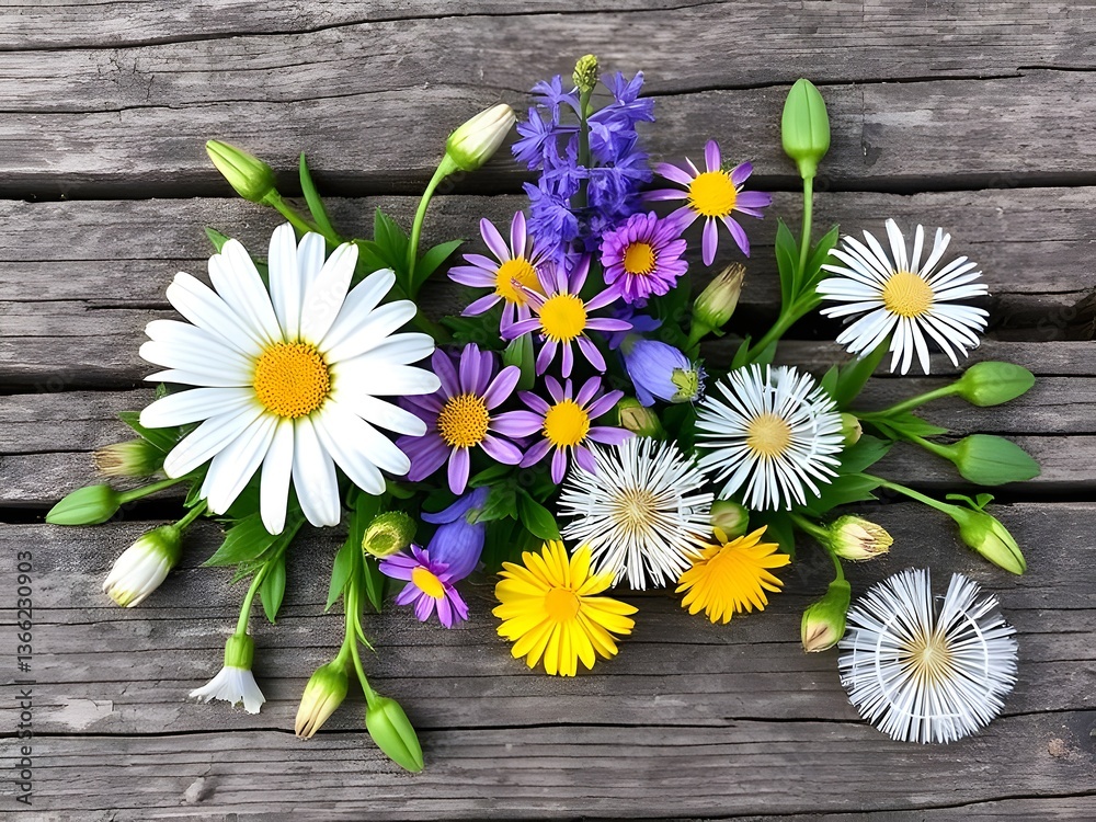 Obraz premium Colorful Floral Arrangement on Rustic Wooden Surface Daisies, Hyacinths and Buds.