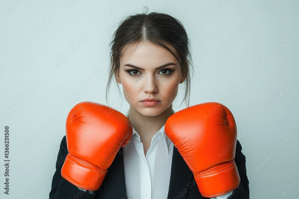 A determined businesswoman wearing boxing gloves, ready to face challenges head-on. A determined businesswoman wearing boxing gloves, ready to face challenges head-on.