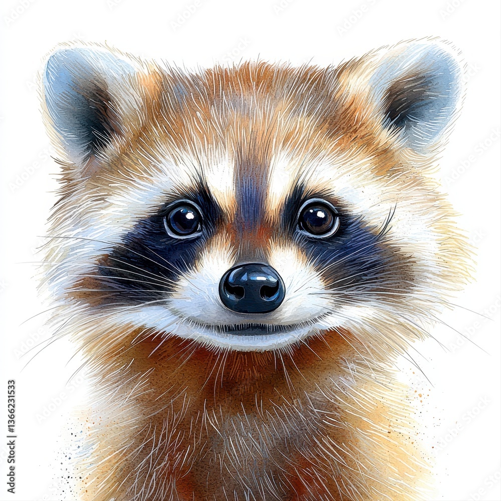 Obraz premium Unique watercolor painting of a raccoon captured in a whimsical style isolated on a bright white background