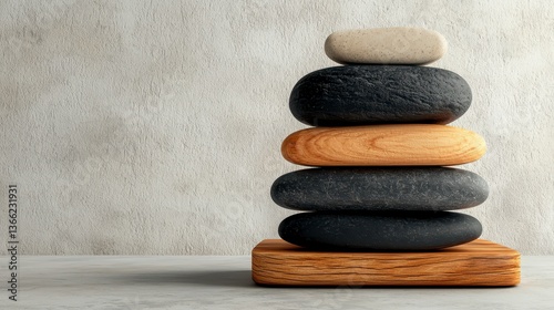 A carefully stacked arrangement of rocks displayed on a clean white background illustrating the concept of renewable building materials photo