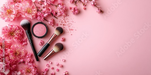 Wallpaper Mural Makeup products and make-up brush with pink flowers on pastel background. Panoramic banner with copy space for text. Luxury beauty Torontodigital.ca
