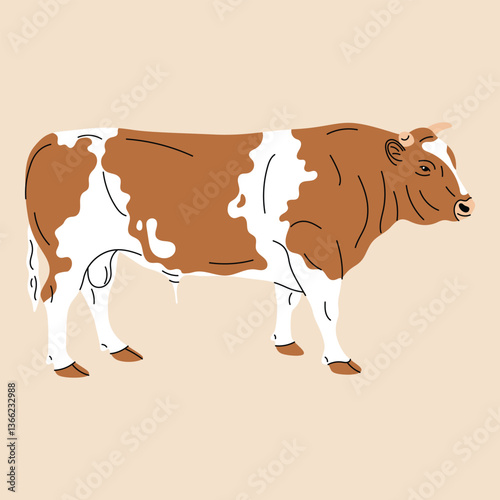 Flat vector illustration of a bull in a simple cartoon style. Presented on a white background with minimal stylization. Strong and bold farm animal, perfect for nature-themed and agricultural designs.