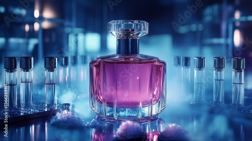 Elegant Fragrance Bottle With Purple Liquid on a Misty Surface Surrounded by ...