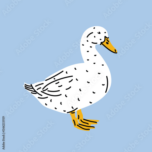 Flat style vector illustration of a duck. Simple cartoon design, isolated background. Children’s projects, web design, print. Clean minimal style, spring designs, sticker, icon, farm, domestic bird