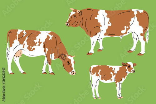 Flat style vector illustration of a cow, bull, and calf. Simple cartoon design color background. Clean minimal style, farm animals, children’s books, spring projects, web design, domestic livestock. 