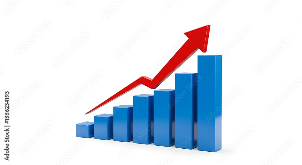 Growing 3D Blue Bar Graph with Red Arrow on white background. Growing 3D Blue Bar Graph with Red Arrow on white background.