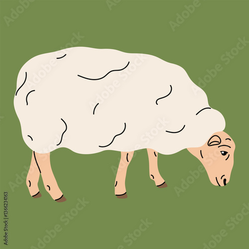 Flat style vector illustration of a sheep. Simple and soft cartoon look, farm-themed designs, nature projects, or educational materials. Clean minimal style, spring designs, stickers, icons, livestock