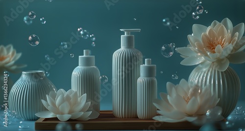 Luxurious Spa Arrangement With Skincare Products and Lotus Flowers by Calming...
