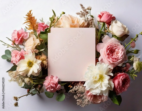 Un ramo de flores delicadas con una tarjeta, fondo blanco