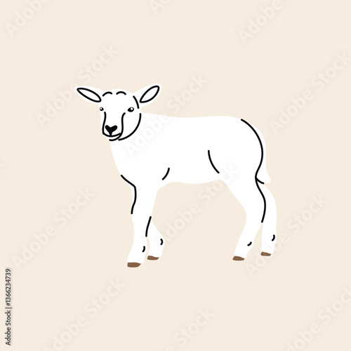 Flat vector illustration of a lamb in a soft, cute cartoon style. Kids materials, posters, stickers, web design, and nursery art, farm-themed, spring designs, baby animal themes, isolated background. 