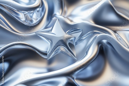 3d chrome metal organic fluid shapes and stars. Abstract liquid mercury metallic icon. 3d rendering aluminum gradient shape design . Brutalist futuristic style