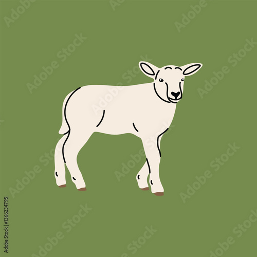Flat vector illustration of a lamb in a soft, cute cartoon style. Kids materials, posters, stickers, web design, and nursery art, farm-themed, spring designs, baby animal themes, soft wool, sheep. 
