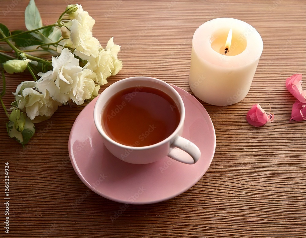Una taza de té con flores al lado y una vela encendida, todo sobre una mesa de madera Una taza de té con flores al lado y una vela encendida, todo sobre una mesa de madera