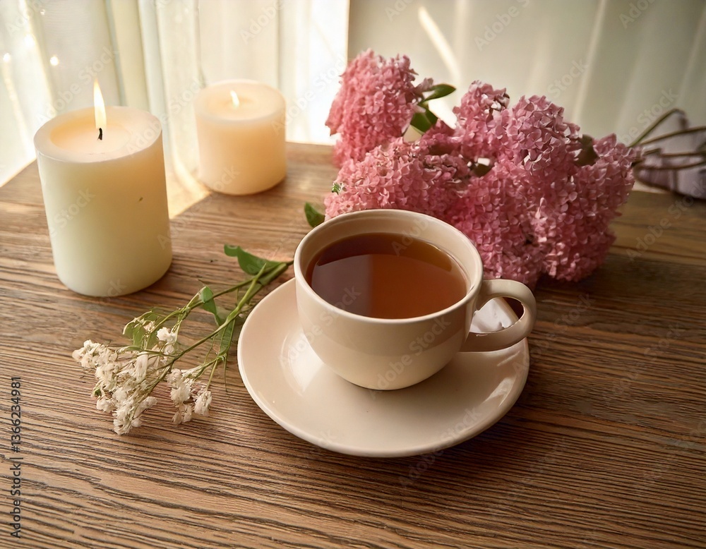 Una taza de té con flores al lado y una vela encendida, todo sobre una mesa de madera Una taza de té con flores al lado y una vela encendida, todo sobre una mesa de madera