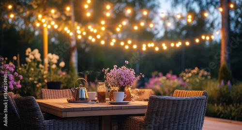 Cozy Outdoor Dining Setup With String Lights and Candles at Twilight in a Garden