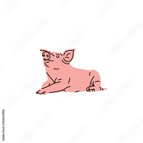 Flat style vector illustration of a piglet. Simple cartoon baby pig design on a white background. Children’s projects, web use, print, farm animals, clean minimal style, icon, sticker, spring graphics