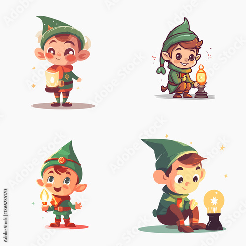 A set of four cartoon elves, each with a different expression