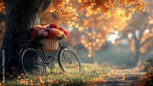 Bicycle Resting Near Flower Basket Under Trees in a Sunlit Park During a Tran...