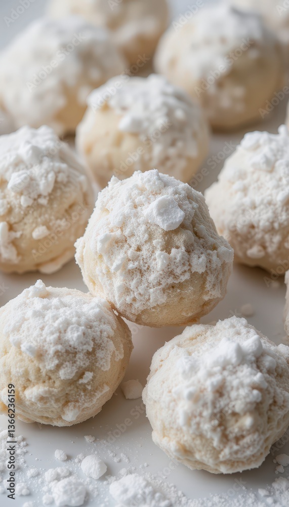 Snowball cookies covered in powdered sugar on a white background Snowball cookies covered in powdered sugar on a white background