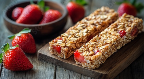 Delicious Granola Bars With Strawberries and Mint on a Wooden Board in a Brig...