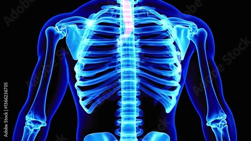 3D animation of the human skeletal system focusing on the spine and ribcage, ideal for anatomy education, posture analysis, bone health awareness, and medical visualizations