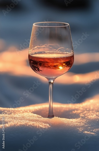 Enjoying Ros Wine in a Beautifully Lit Snowy Landscape at Sunset