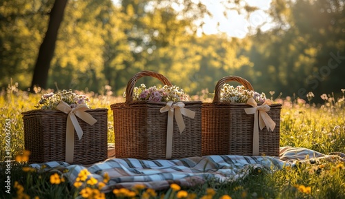 Beautiful Wicker Baskets Filled With Flowers on a Sunny Day in a Serene Meadow