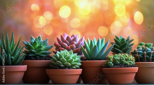 Succulents Arranged in Terracotta Pots With Bokeh Background Illuminating The...