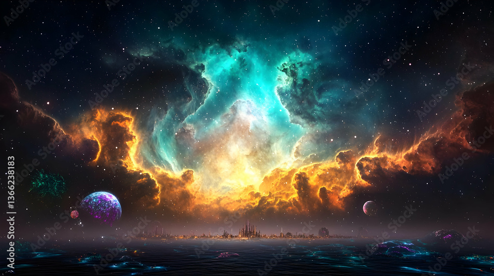 Obraz premium Majestic Galaxy Above Futuristic Cityscape with Vivid Blue and Orange Hues during Nighttime Illuminating Celestial Scene